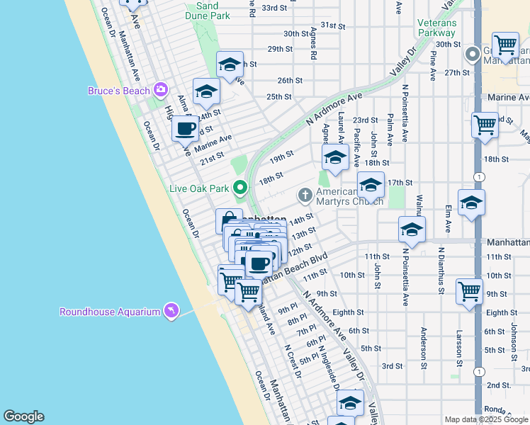 map of restaurants, bars, coffee shops, grocery stores, and more near 1504 North Ardmore Avenue in Manhattan Beach