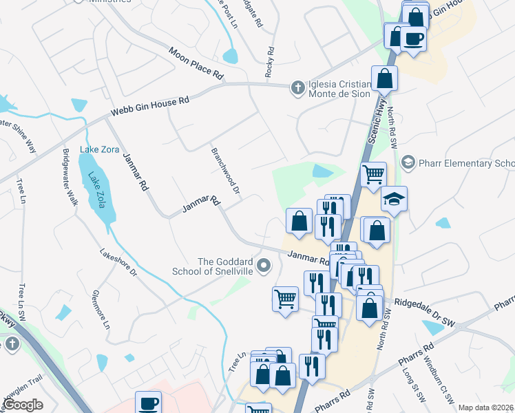 map of restaurants, bars, coffee shops, grocery stores, and more near 1884 Raintree Court in Snellville