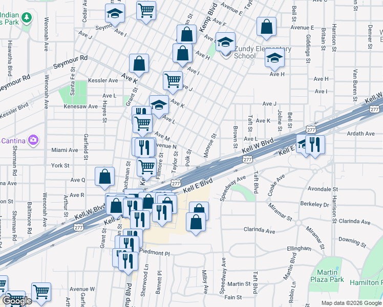 map of restaurants, bars, coffee shops, grocery stores, and more near 2306 Avenue M in Wichita Falls