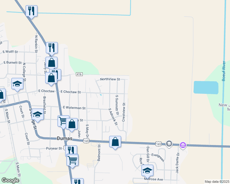 map of restaurants, bars, coffee shops, grocery stores, and more near 112 North Summitt Street in Dumas