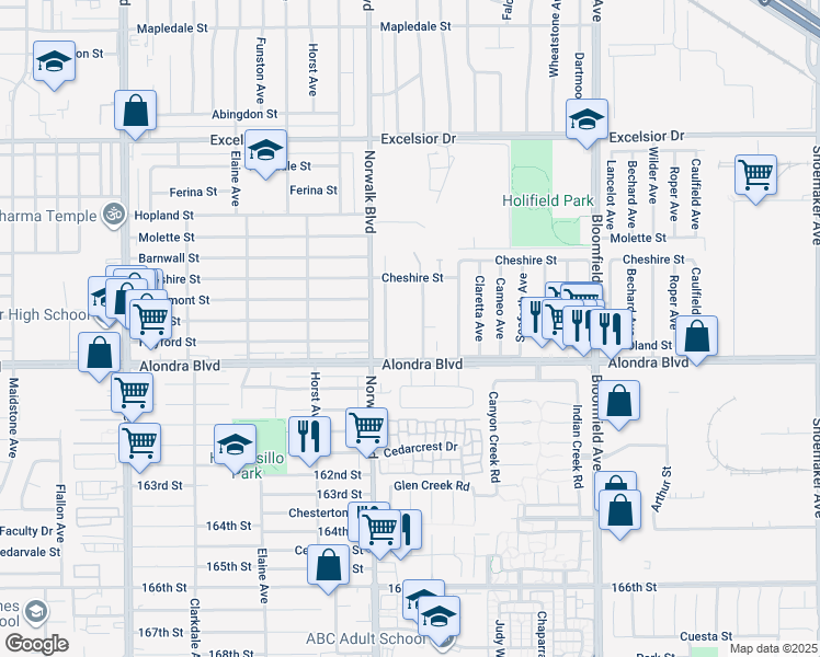 map of restaurants, bars, coffee shops, grocery stores, and more near 15627 Belshire Avenue in Norwalk