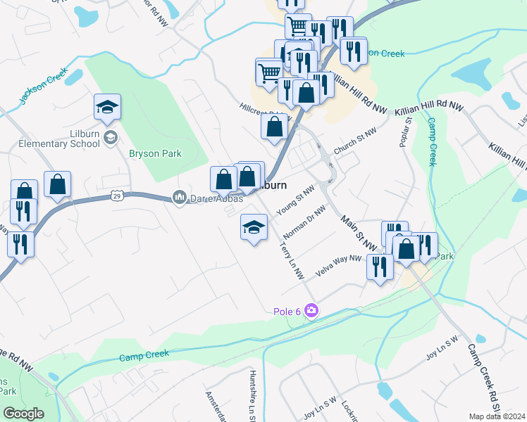 map of restaurants, bars, coffee shops, grocery stores, and more near 265 Pine Street Northwest in Lilburn