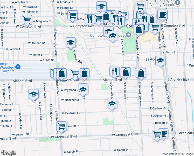 map of restaurants, bars, coffee shops, grocery stores, and more near 515 West Cocoa Street in Compton