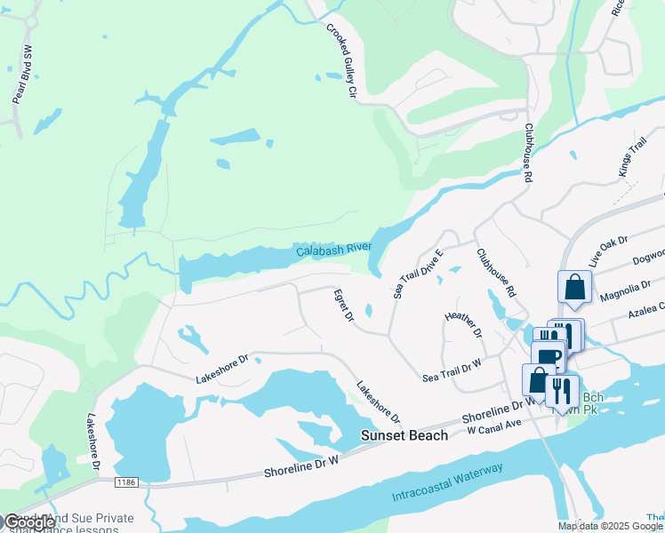 map of restaurants, bars, coffee shops, grocery stores, and more near 512 Medcalf Drive Southwest in Sunset Beach