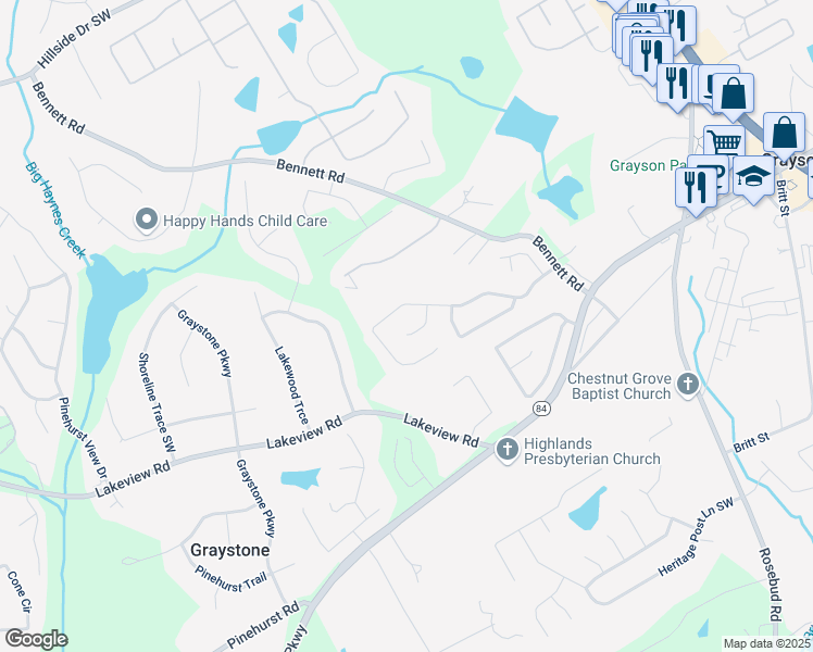 map of restaurants, bars, coffee shops, grocery stores, and more near 923 Windsor Creek Drive in Grayson
