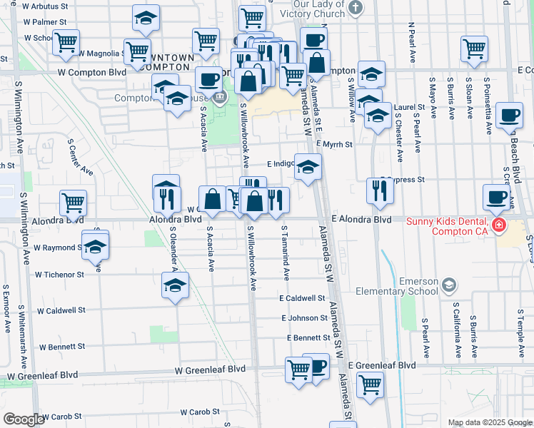 map of restaurants, bars, coffee shops, grocery stores, and more near 123 East Alondra Boulevard in Compton