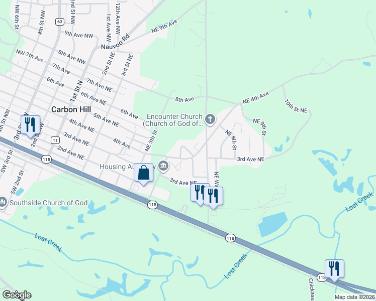 map of restaurants, bars, coffee shops, grocery stores, and more near Forest Ridge Circle in Carbon Hill