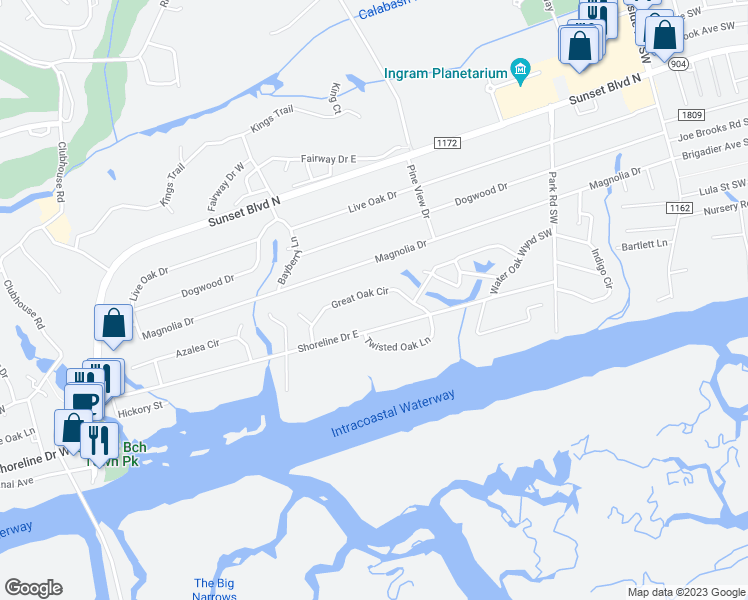 map of restaurants, bars, coffee shops, grocery stores, and more near 518 Great Oak Circle in Sunset Beach