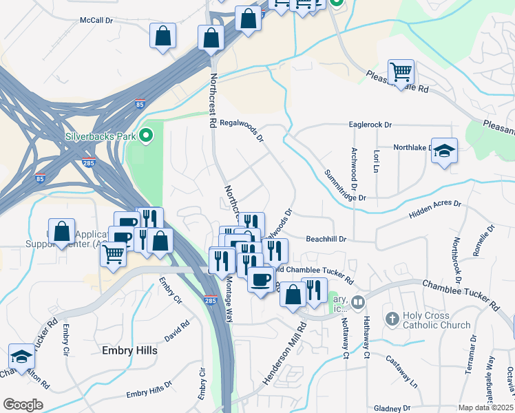 map of restaurants, bars, coffee shops, grocery stores, and more near 3356 Thornewood Drive in Atlanta