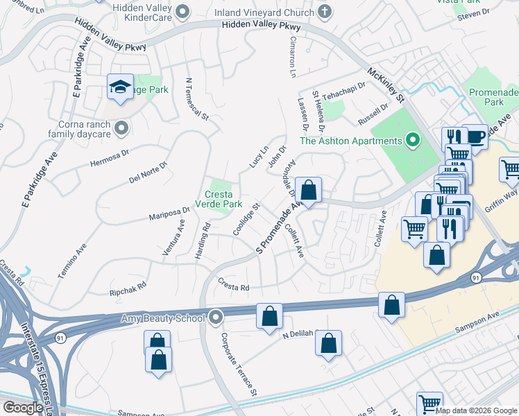 map of restaurants, bars, coffee shops, grocery stores, and more near 729 Brianna Way in Corona