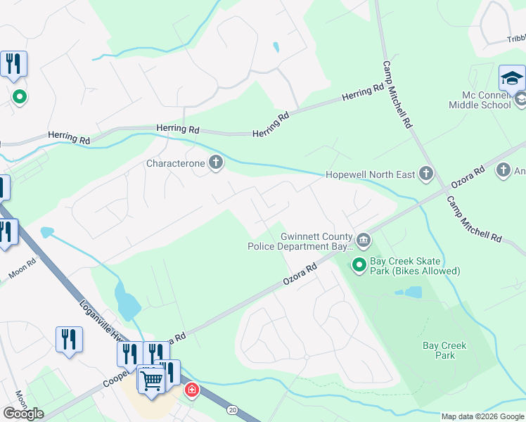 map of restaurants, bars, coffee shops, grocery stores, and more near 2607 Misty Rose Lane in Loganville