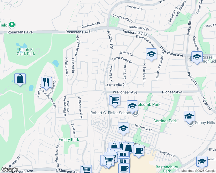 map of restaurants, bars, coffee shops, grocery stores, and more near 2288 Loma Alta Drive in Fullerton