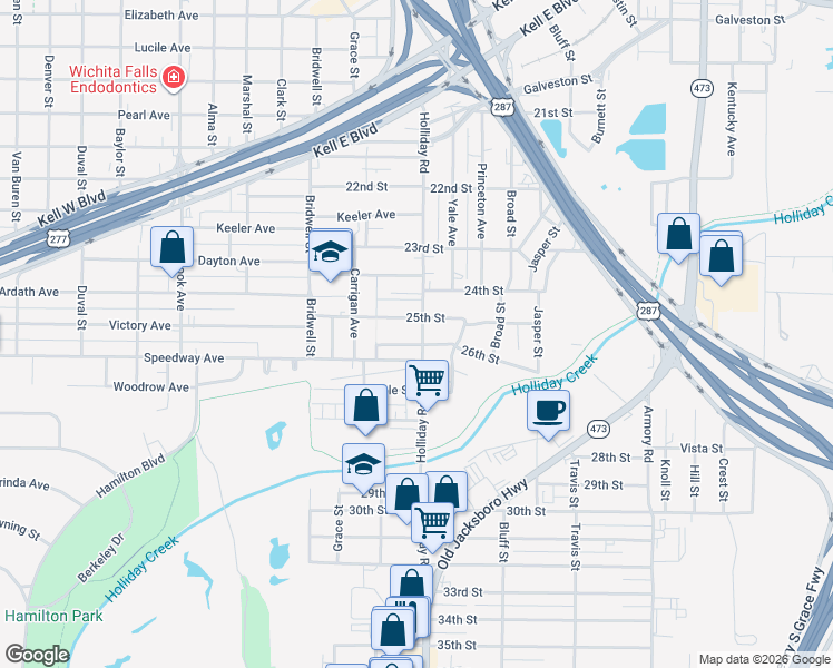map of restaurants, bars, coffee shops, grocery stores, and more near 1500 25th Street in Wichita Falls