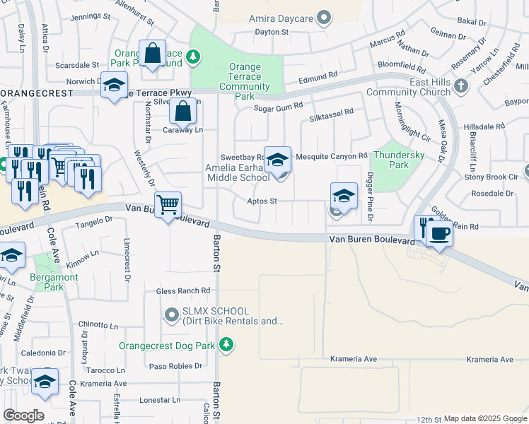map of restaurants, bars, coffee shops, grocery stores, and more near 8926 Morning Hills Drive in Riverside