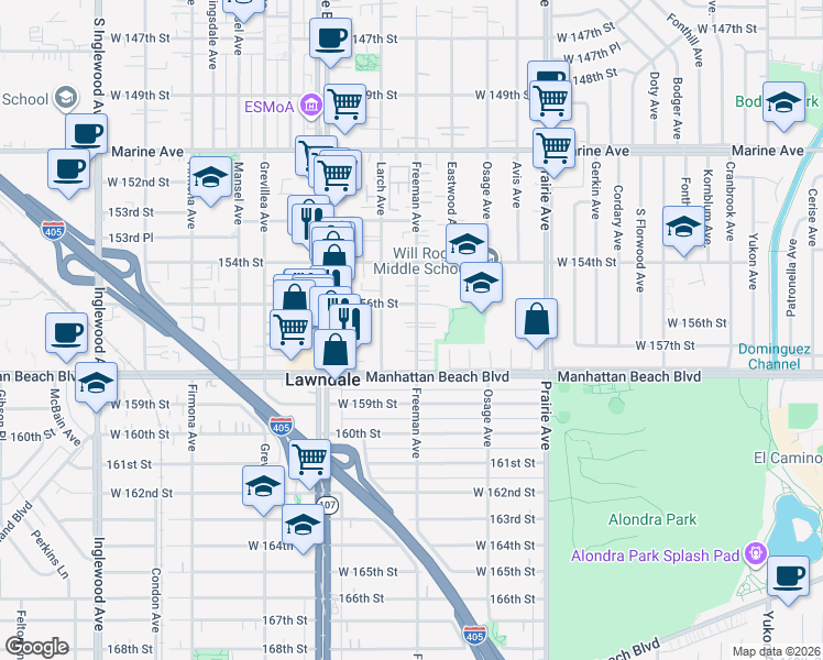 map of restaurants, bars, coffee shops, grocery stores, and more near 15629 Freeman Avenue in Lawndale
