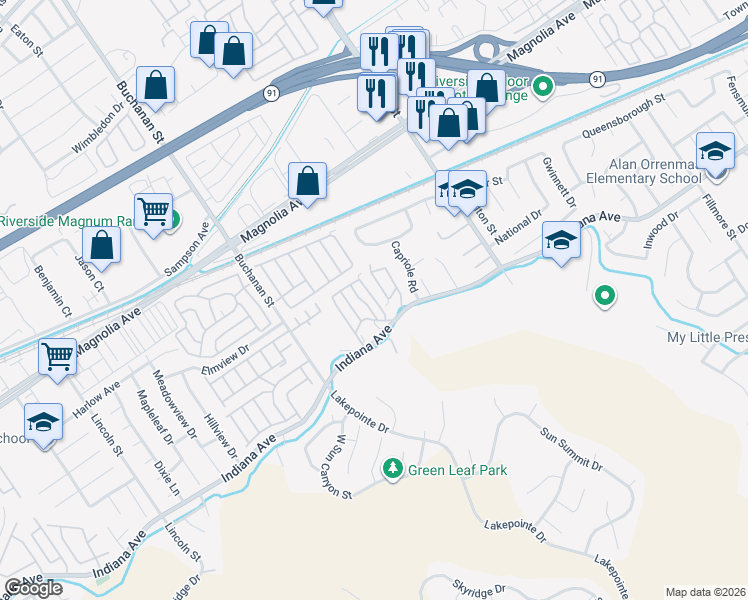 map of restaurants, bars, coffee shops, grocery stores, and more near 12149 Indiana Avenue in Riverside