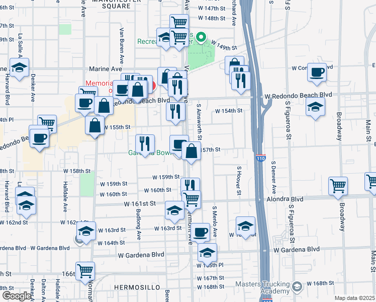 map of restaurants, bars, coffee shops, grocery stores, and more near S Vermont Ave & Magnolia Ave in Gardena