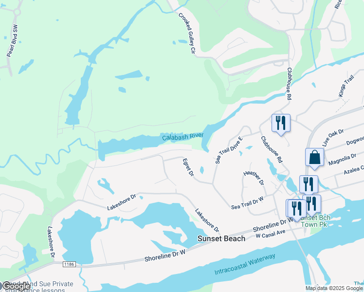 map of restaurants, bars, coffee shops, grocery stores, and more near 512 Medcalf Drive Southwest in Sunset Beach