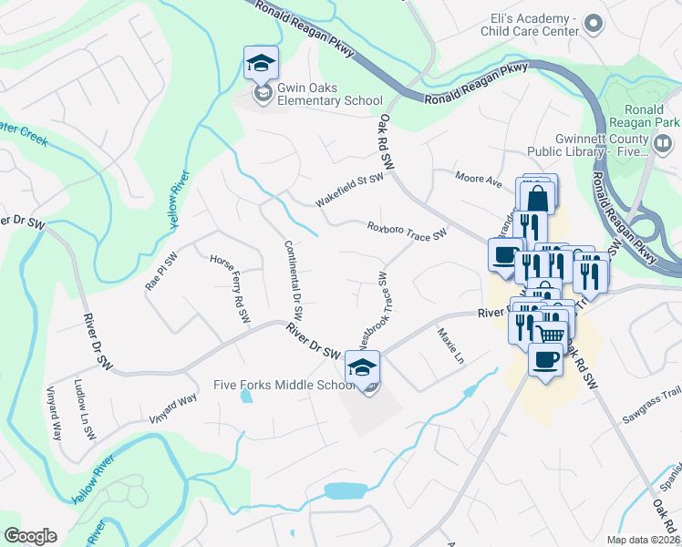 map of restaurants, bars, coffee shops, grocery stores, and more near 655 Westbrook Place Southwest in Lawrenceville