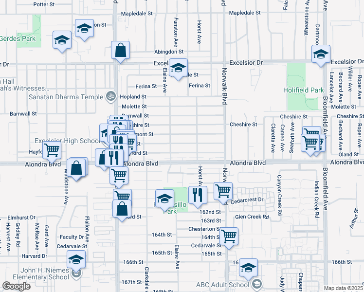 map of restaurants, bars, coffee shops, grocery stores, and more near 12028 Nava Street in Norwalk