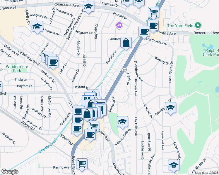 map of restaurants, bars, coffee shops, grocery stores, and more near 4981 Avila Way in Buena Park