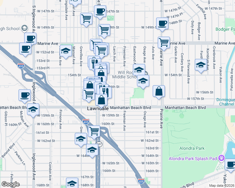 map of restaurants, bars, coffee shops, grocery stores, and more near 15628 1/2 Larch Avenue in Lawndale