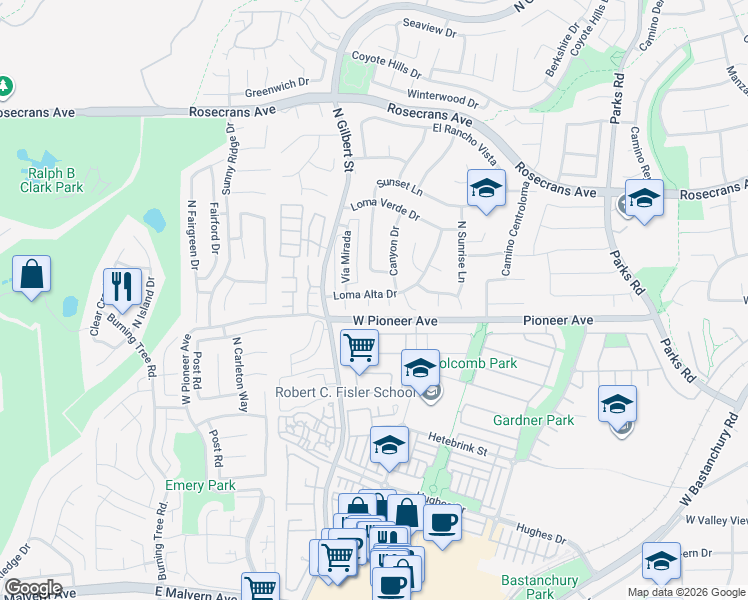 map of restaurants, bars, coffee shops, grocery stores, and more near 1516 Sunset Lane in Fullerton
