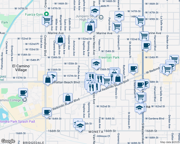 map of restaurants, bars, coffee shops, grocery stores, and more near 15608 Spinning Avenue in Gardena