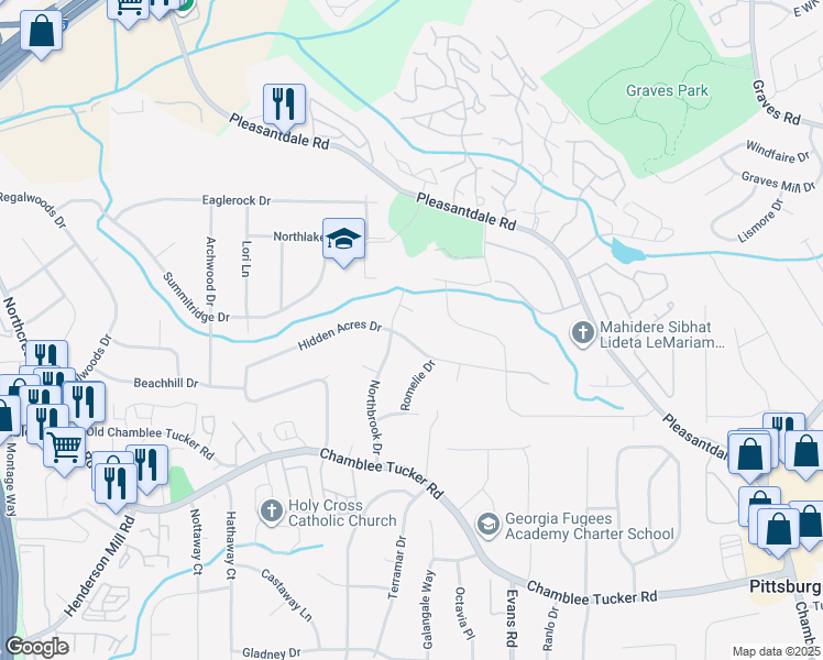 map of restaurants, bars, coffee shops, grocery stores, and more near 3768 Eastbrook Court in Doraville
