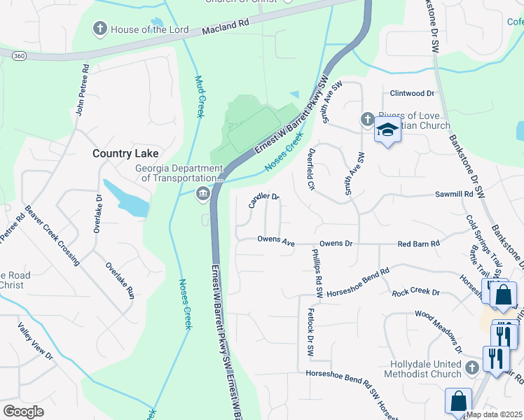 map of restaurants, bars, coffee shops, grocery stores, and more near 2586 Candler Way in Marietta
