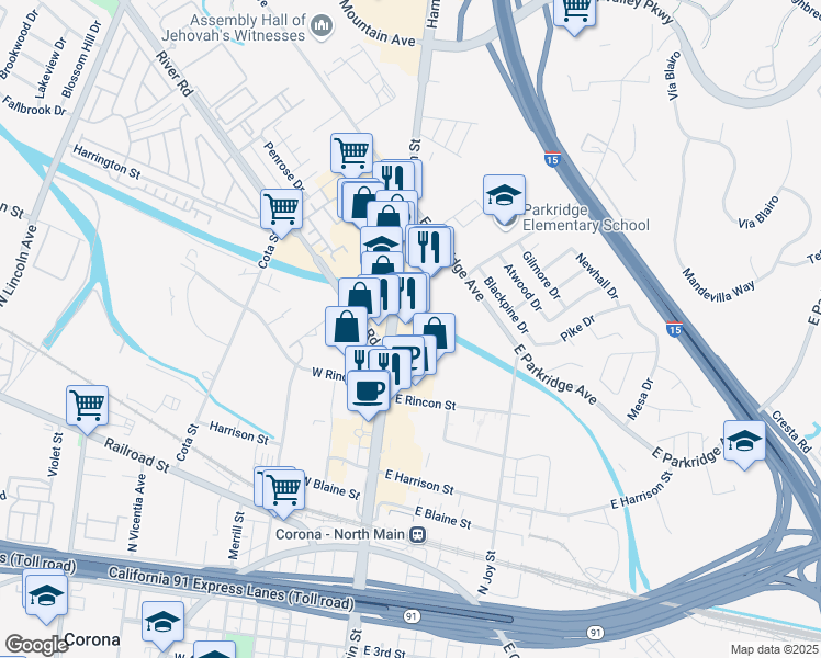 map of restaurants, bars, coffee shops, grocery stores, and more near 624 North Main Street in Corona