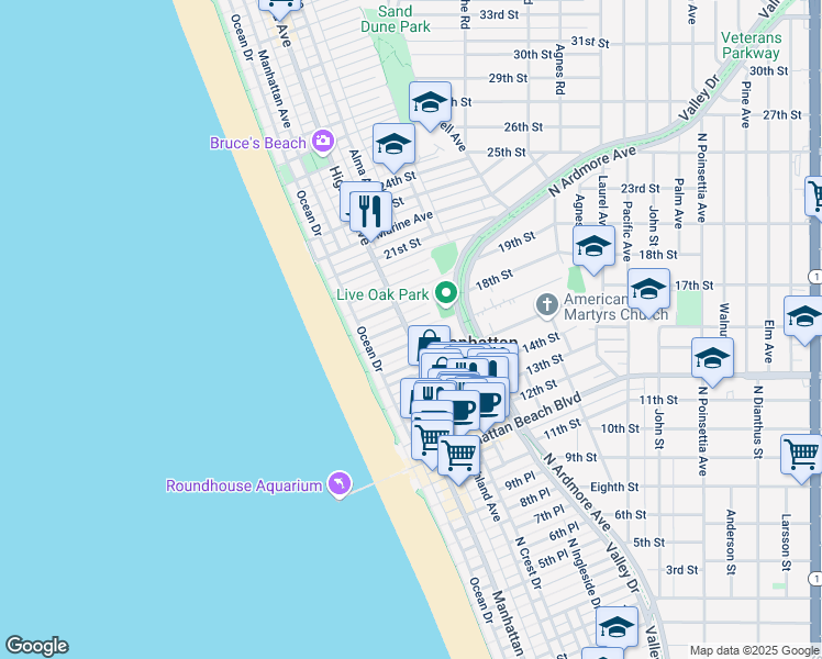 map of restaurants, bars, coffee shops, grocery stores, and more near 324 18th Street in Manhattan Beach