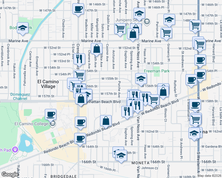 map of restaurants, bars, coffee shops, grocery stores, and more near 2536 West 156th Street in Gardena