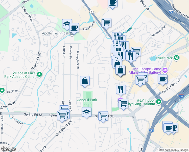 map of restaurants, bars, coffee shops, grocery stores, and more near 5158 Afton Way in Smyrna