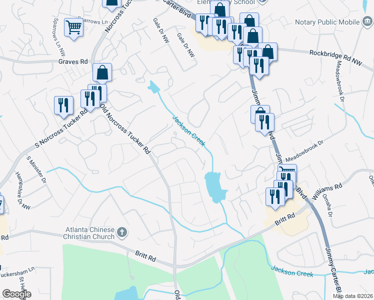 map of restaurants, bars, coffee shops, grocery stores, and more near 6399 Wedgewood Trce in Tucker