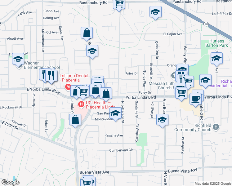 map of restaurants, bars, coffee shops, grocery stores, and more near 1435 Prospect Avenue in Placentia