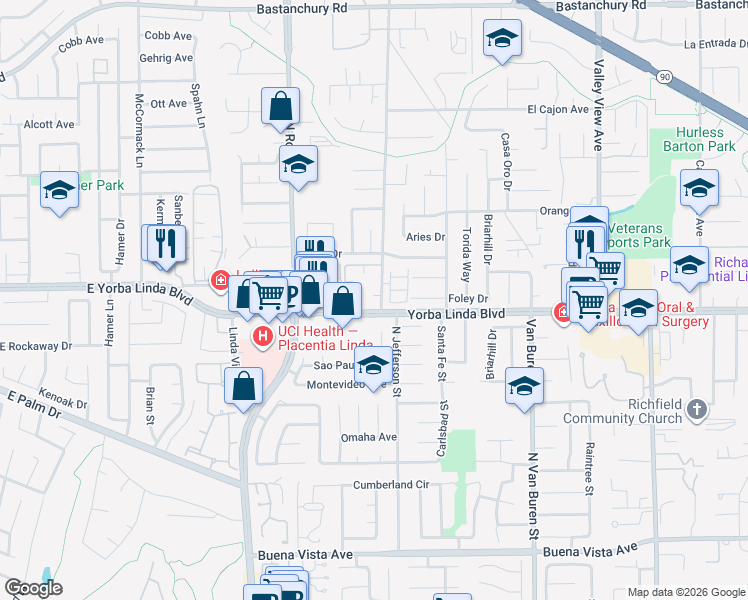 map of restaurants, bars, coffee shops, grocery stores, and more near 1435 Prospect Avenue in Placentia