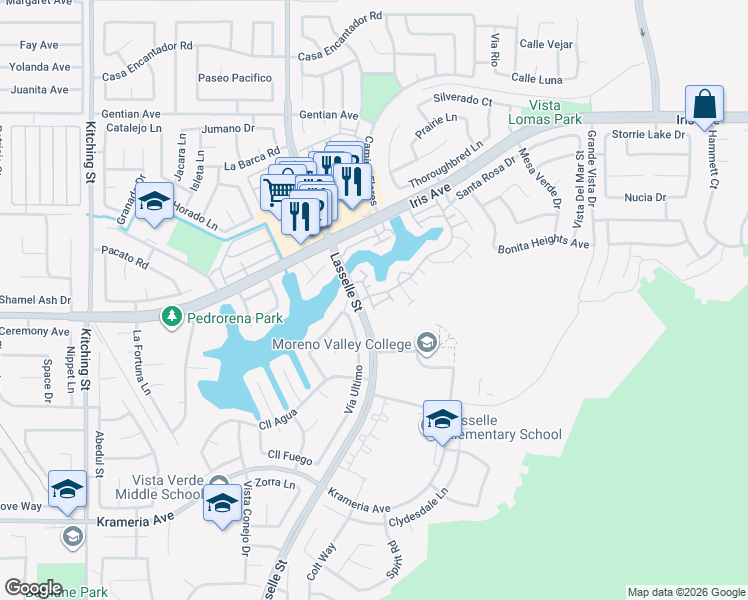 map of restaurants, bars, coffee shops, grocery stores, and more near 15880 Lasselle Street in Moreno Valley