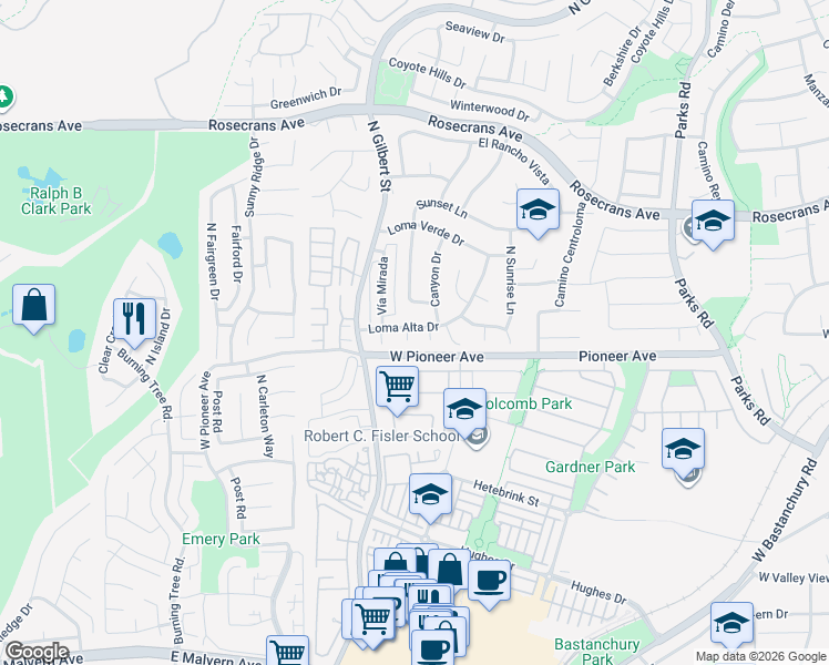 map of restaurants, bars, coffee shops, grocery stores, and more near 1516 Sunset Lane in Fullerton