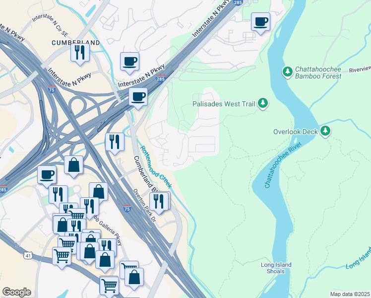 map of restaurants, bars, coffee shops, grocery stores, and more near 3712 Chattahoochee Summit Drive Southeast in Atlanta