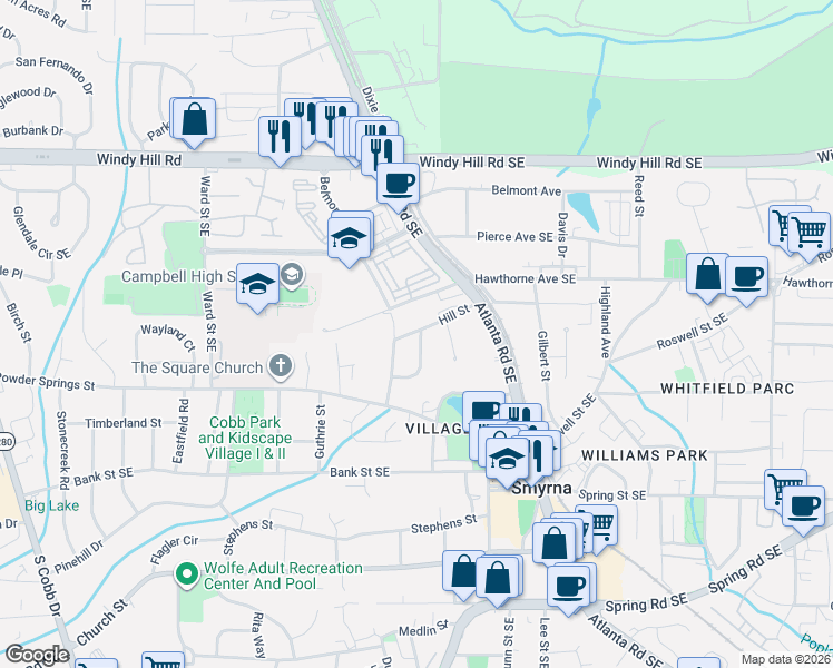 map of restaurants, bars, coffee shops, grocery stores, and more near 1154 Fleming Street in Smyrna