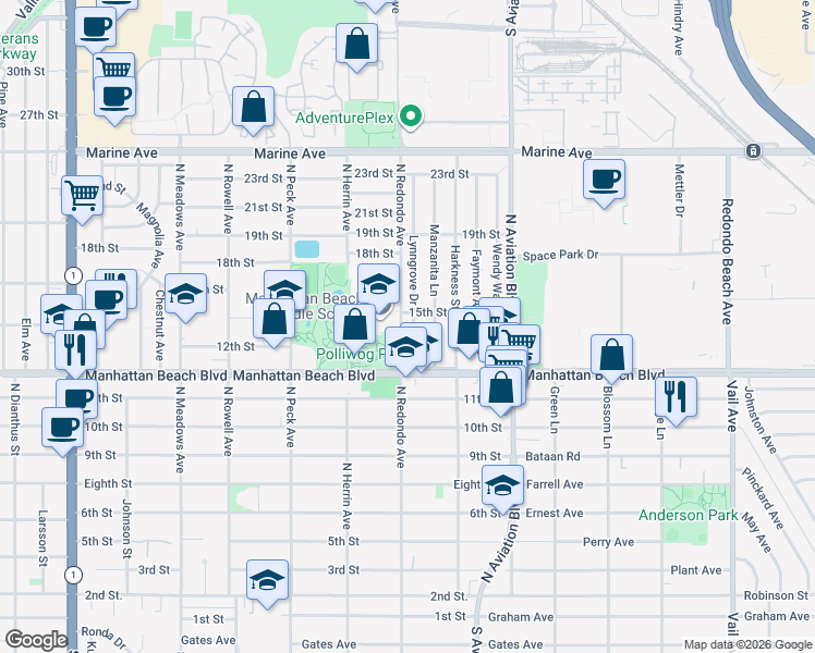 map of restaurants, bars, coffee shops, grocery stores, and more near 1401 Lynngrove Drive in Manhattan Beach
