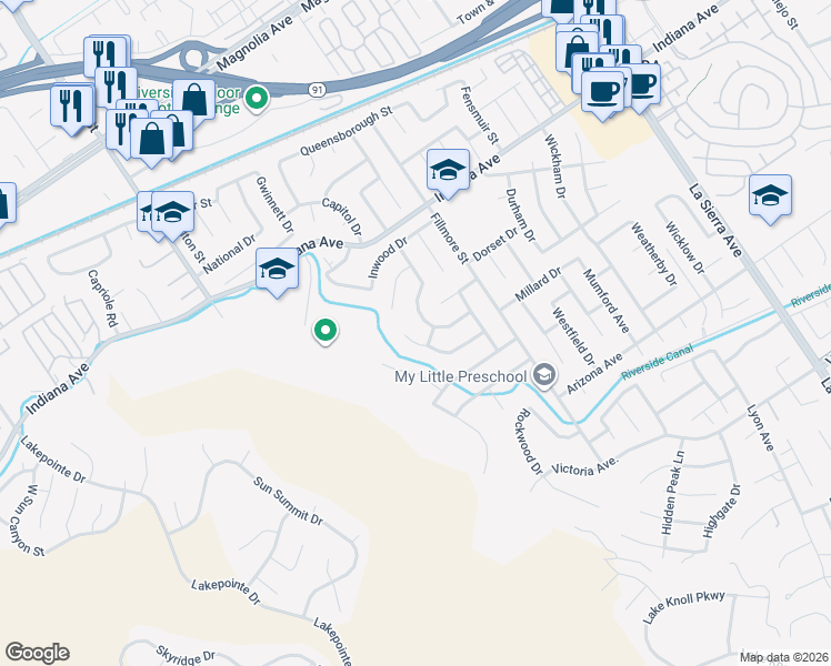 map of restaurants, bars, coffee shops, grocery stores, and more near 11641 Hartford Court in Riverside