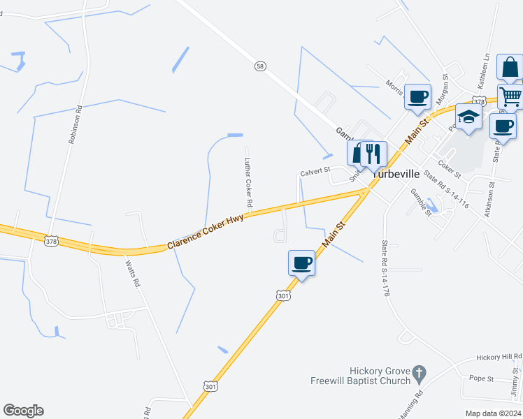 map of restaurants, bars, coffee shops, grocery stores, and more near 1394 U.S. 378 in Turbeville