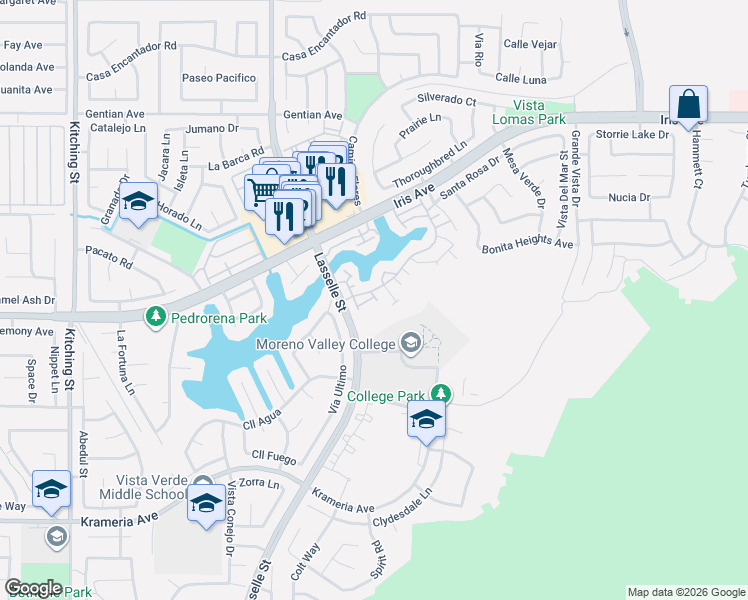 map of restaurants, bars, coffee shops, grocery stores, and more near 15958 Lasselle Street in Moreno Valley