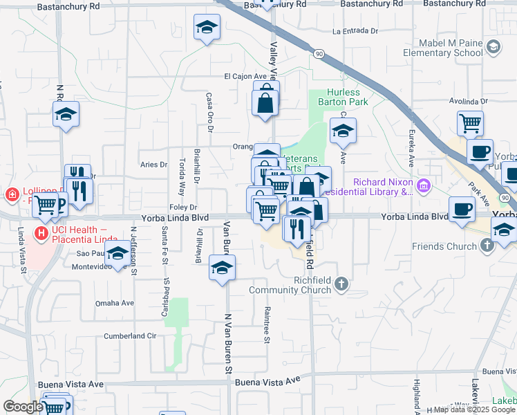 map of restaurants, bars, coffee shops, grocery stores, and more near 4930 Liverpool Street in Yorba Linda