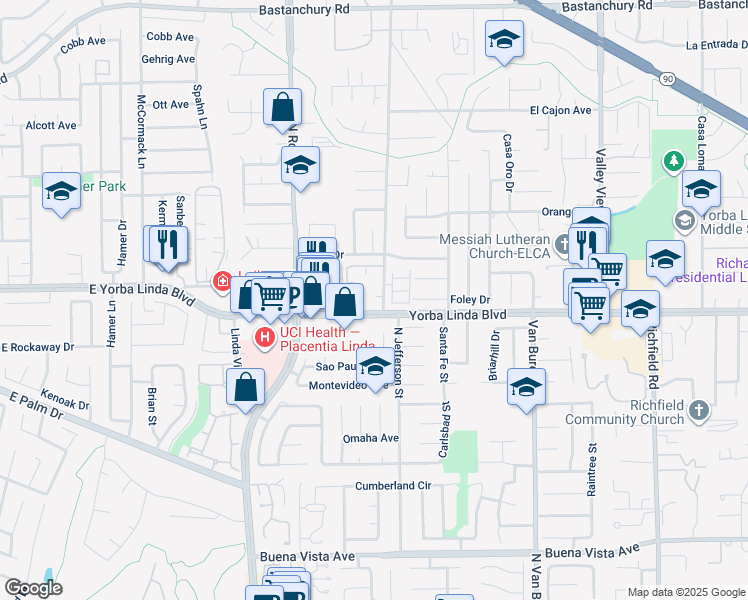 map of restaurants, bars, coffee shops, grocery stores, and more near 1447 Prospect Avenue in Placentia
