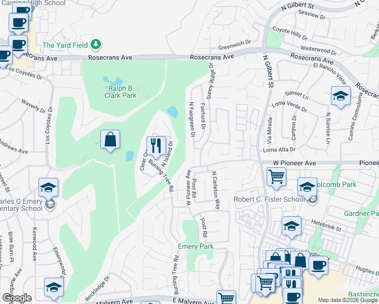map of restaurants, bars, coffee shops, grocery stores, and more near 1607 North Fairgreen Drive in Fullerton