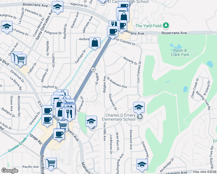 map of restaurants, bars, coffee shops, grocery stores, and more near 4935 Somerset Street in Buena Park