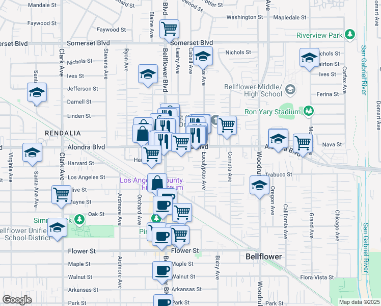map of restaurants, bars, coffee shops, grocery stores, and more near 9842 Alondra Boulevard in Bellflower